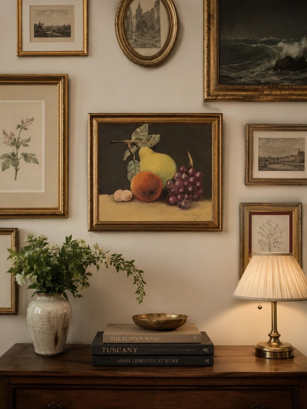Vintage Still Life 1947 Oil Painting Fruit Wall Art Yellow Pear & Purple Grapes
